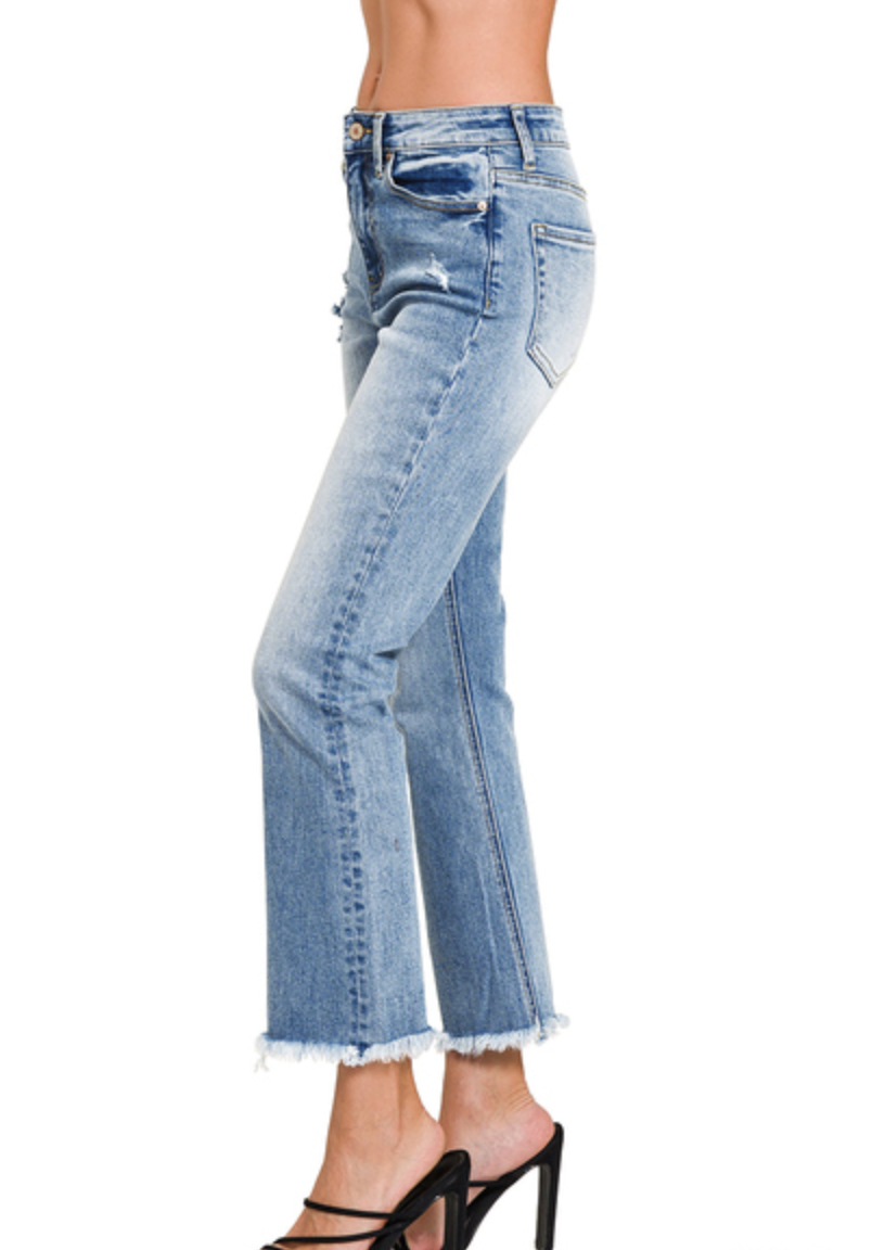 High Rise Straight Raw Hem Cropped Jeans