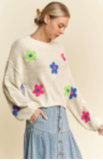 Davi & Dani Live Box - CHUNKY KNIT MULTI CROCHETED FLORAL SWEATER TOP