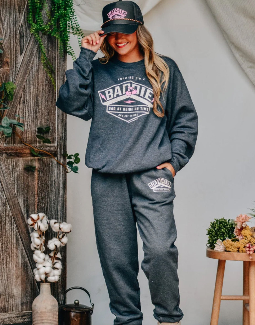 Baddie at Being on Time Crewneck by Southern Bliss