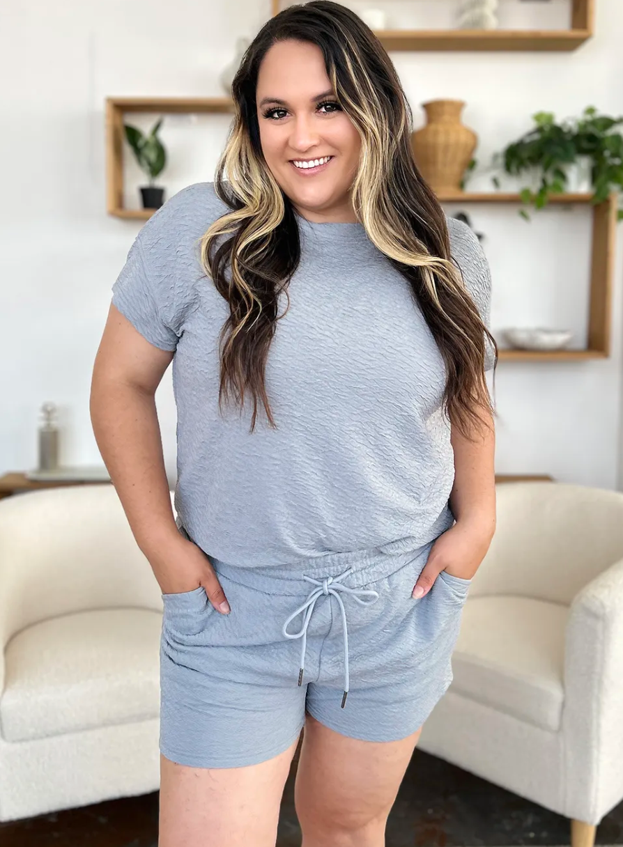 Double Take Full Size Texture Short Sleeve T-Shirt and Drawstring Shorts Set