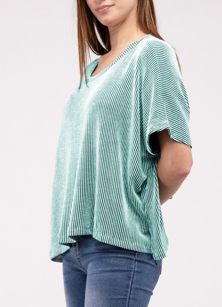 Ribbed Striped Oversized Short Sleeve Top