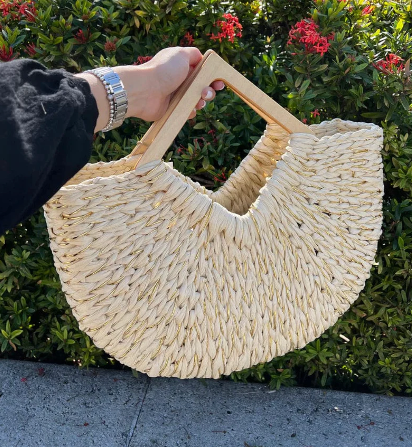 Isabella Wooden Handle Straw Tote Bag