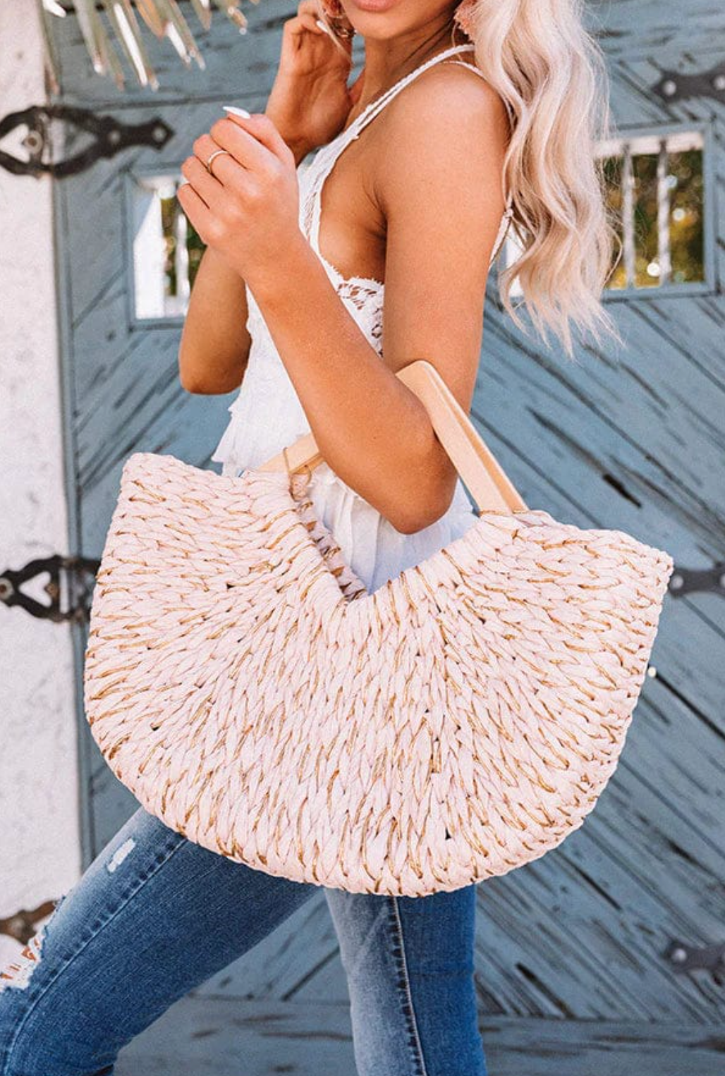 Isabella Wooden Handle Straw Tote Bag