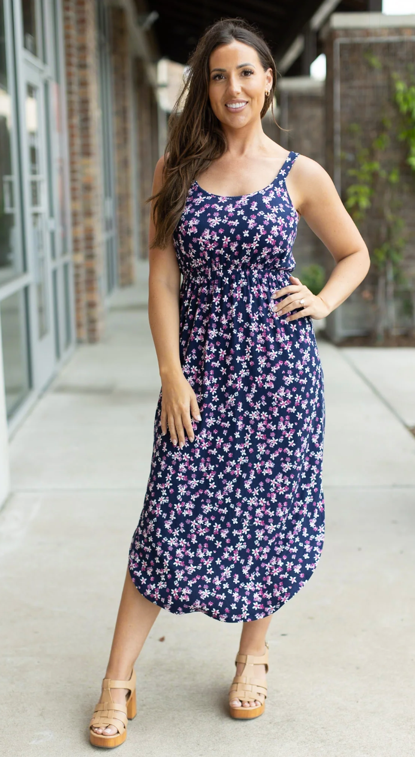 Reagan Ribbed Midi Dress - Navy & Magenta Florals