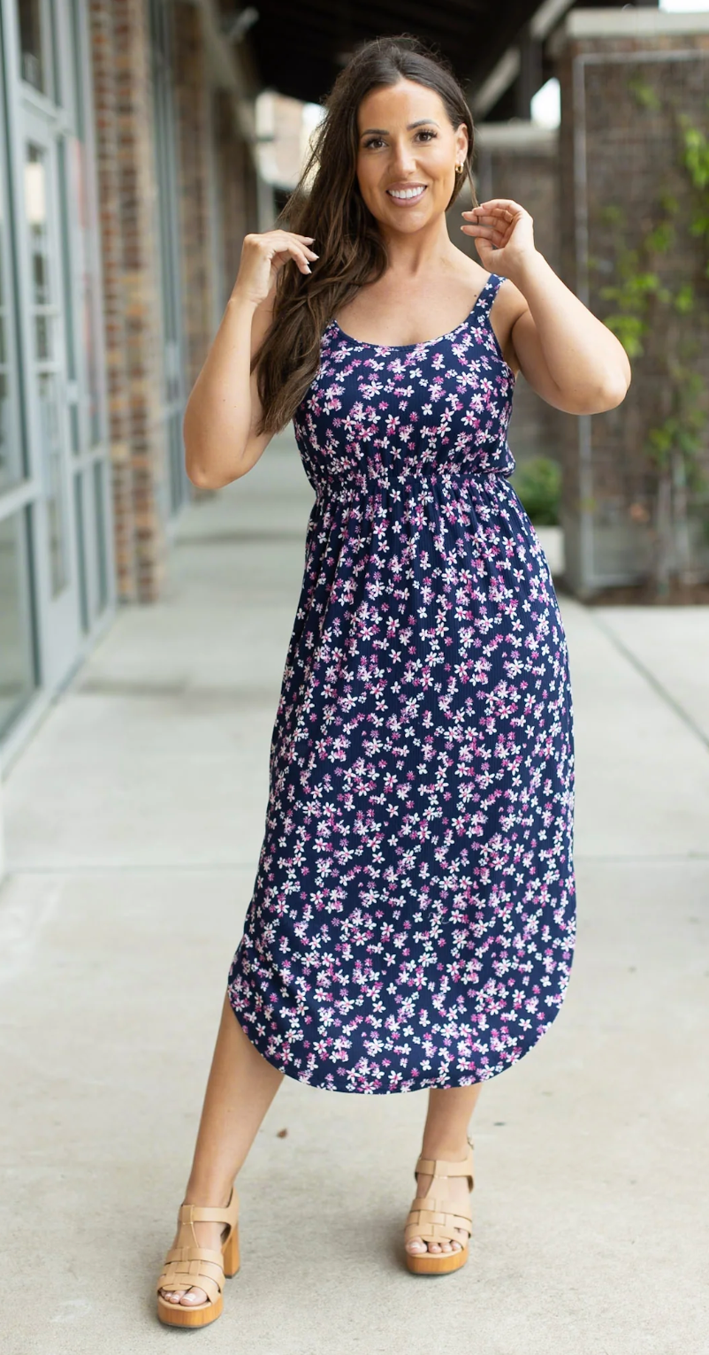 Reagan Ribbed Midi Dress - Navy & Magenta Florals
