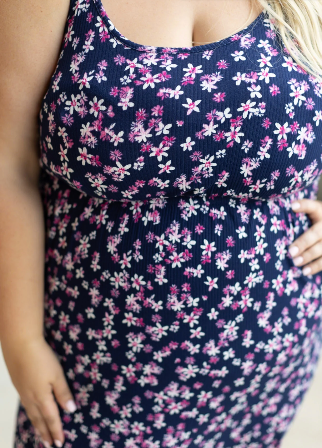 Reagan Ribbed Midi Dress - Navy & Magenta Florals