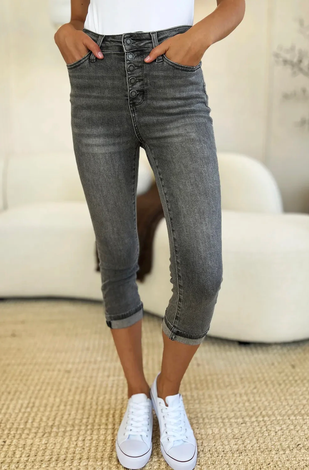 Judy Blue Full Size Button Fly High Waist Cuffed Capris