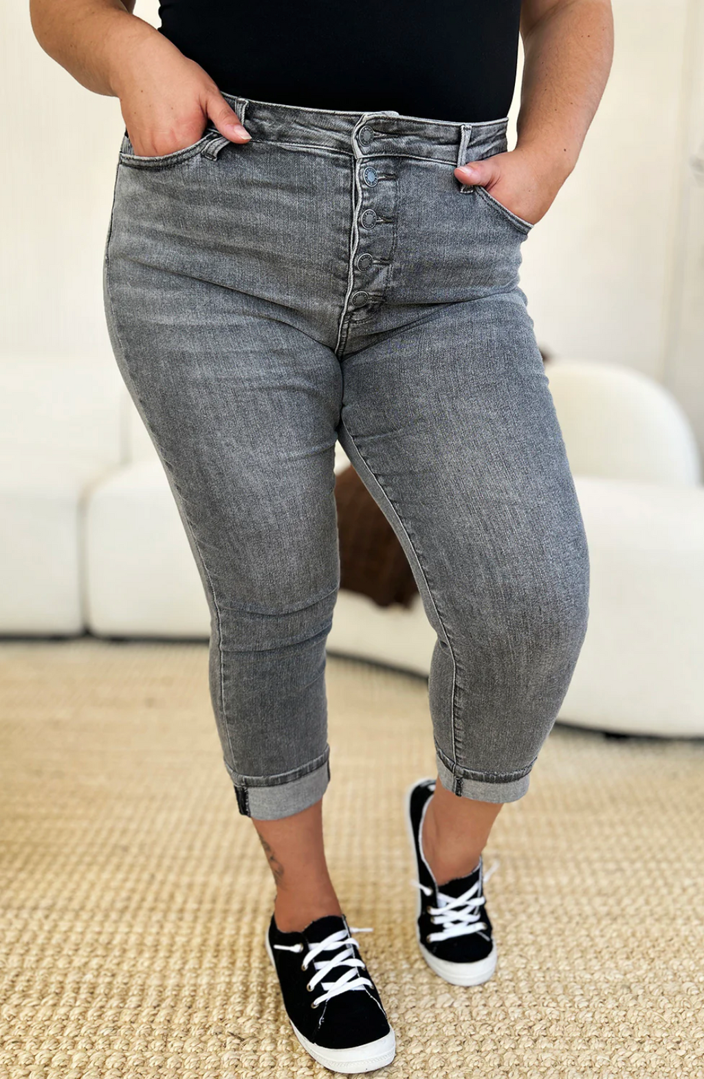 Judy Blue Full Size Button Fly High Waist Cuffed Capris