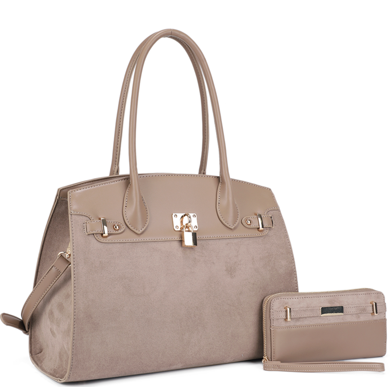 2In1 Suede Keylock Tote Bag W Wallet Set