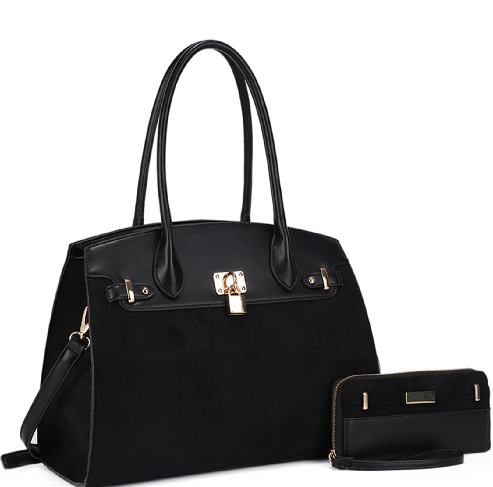2In1 Suede Keylock Tote Bag W Wallet Set