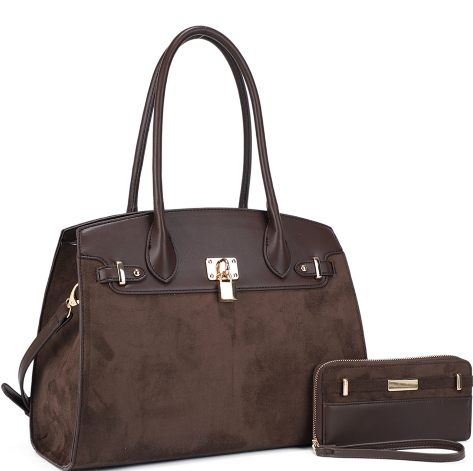 2In1 Suede Keylock Tote Bag W Wallet Set