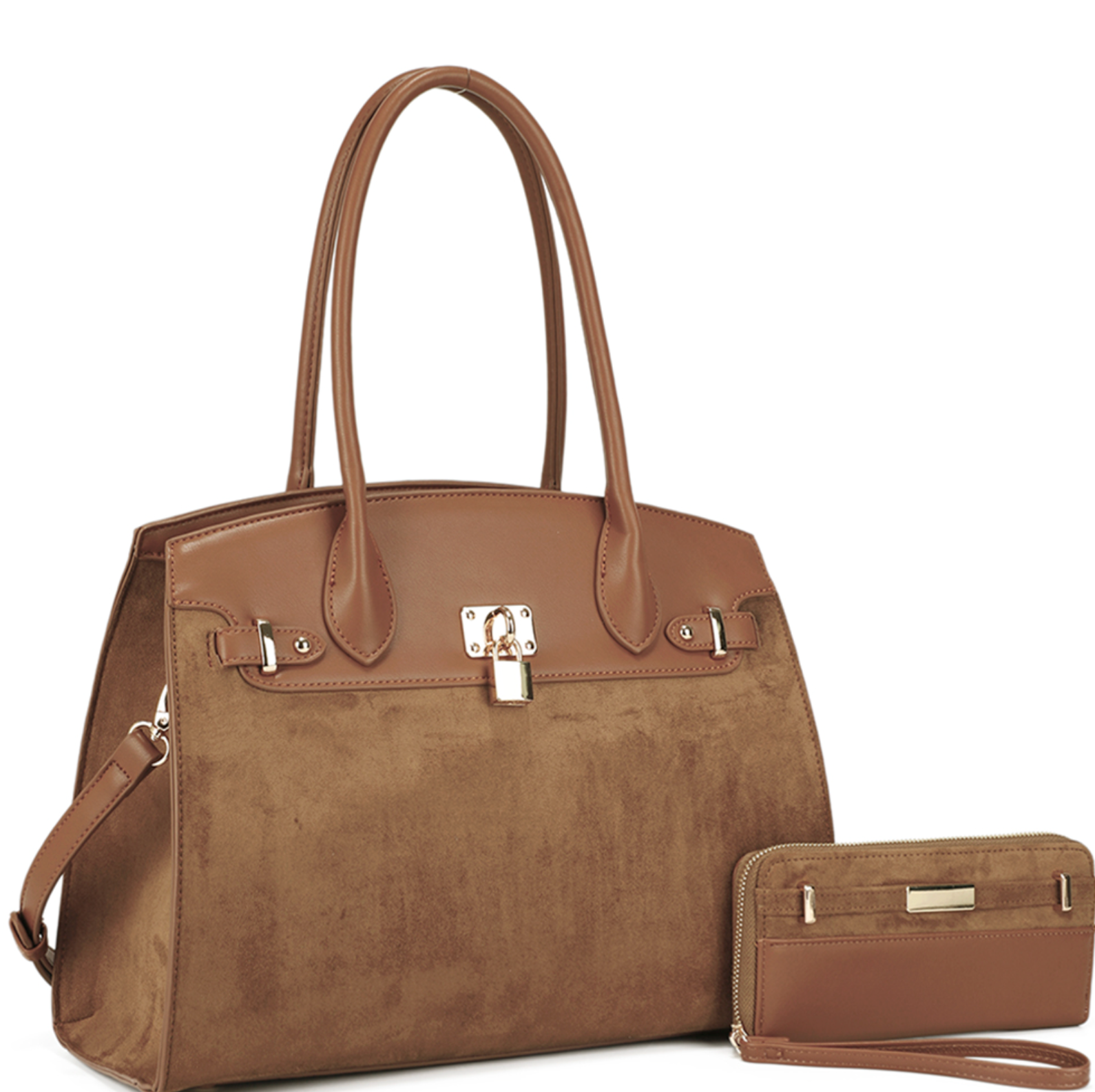 2In1 Suede Keylock Tote Bag W Wallet Set