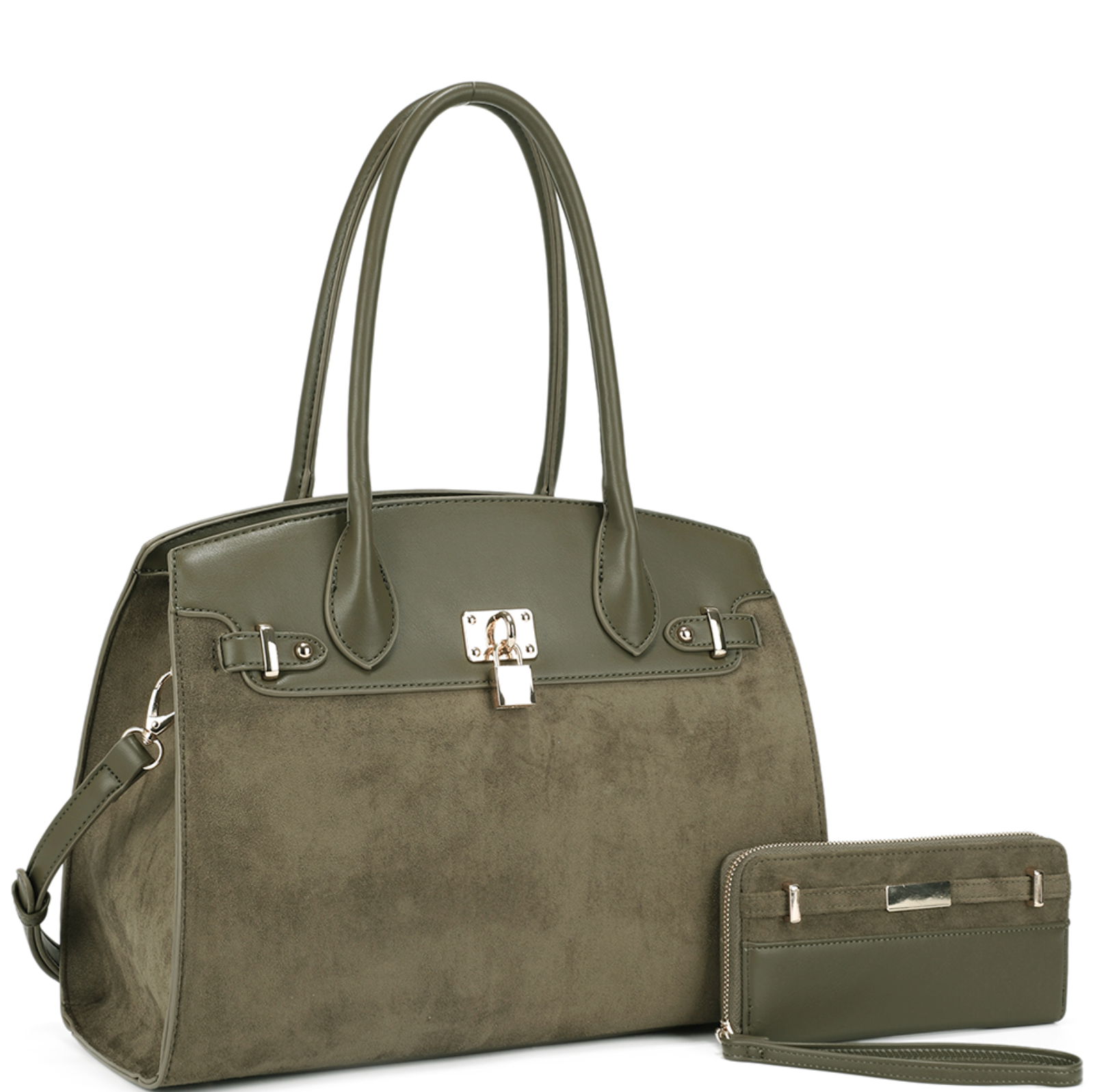 2In1 Suede Keylock Tote Bag W Wallet Set