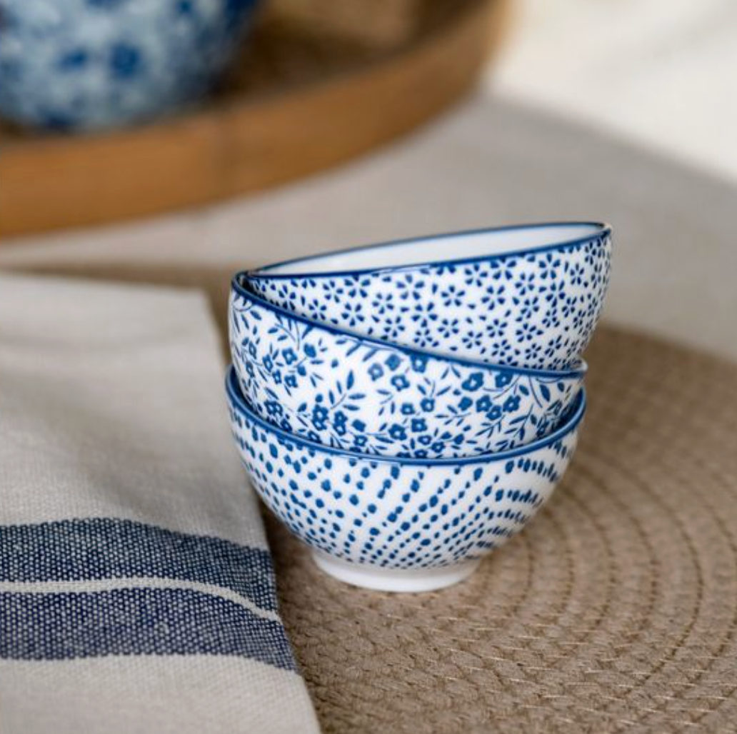 Set of 3 4" Blue Floral Bowls