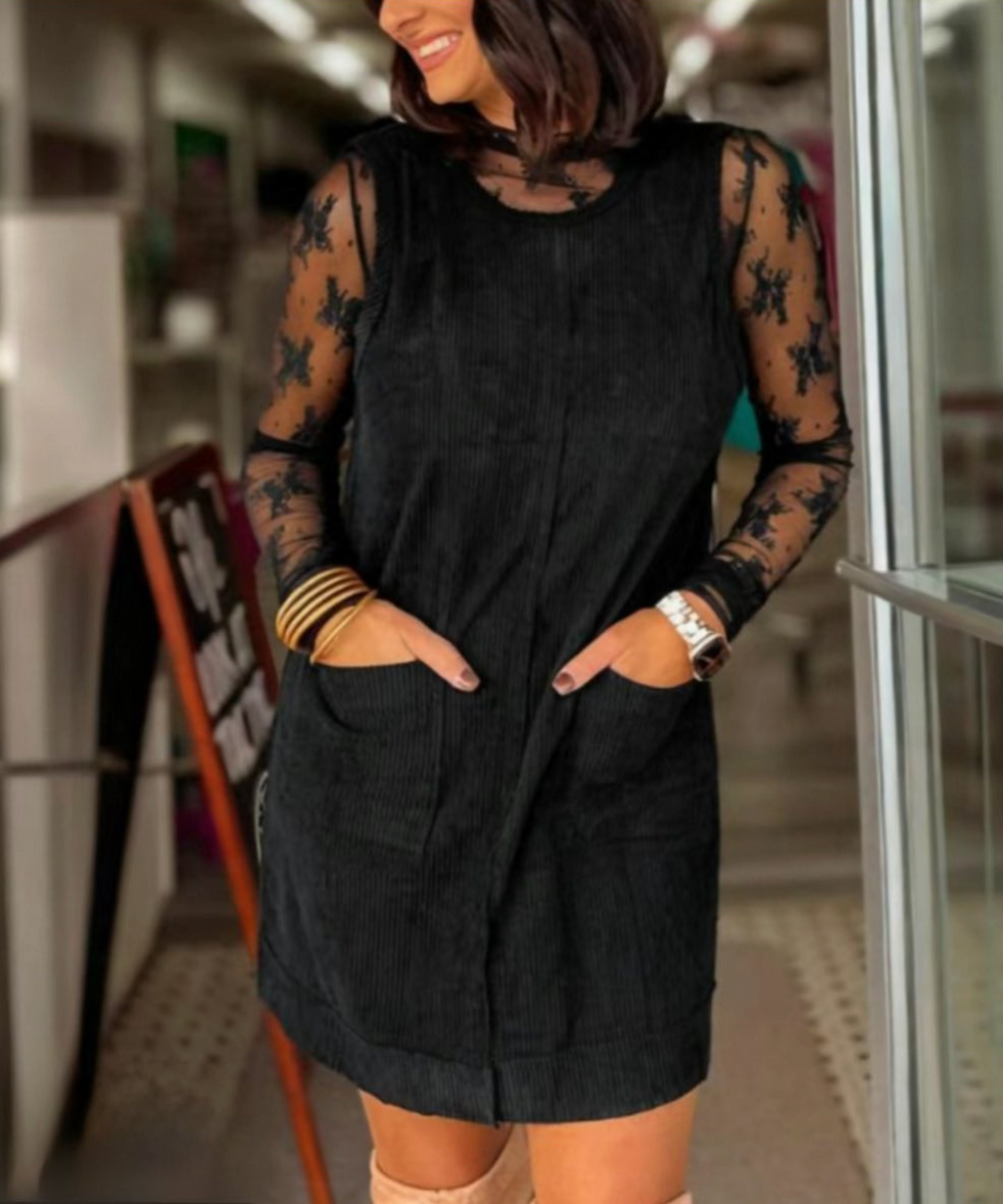 Corduroy Sleeveless Mini Dress with Patched Pockets