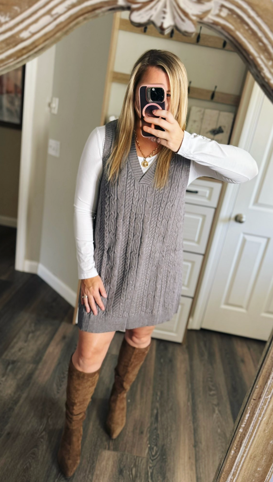 Feels Good Cable Knit V-Neck Mini Sweater Overall Dress