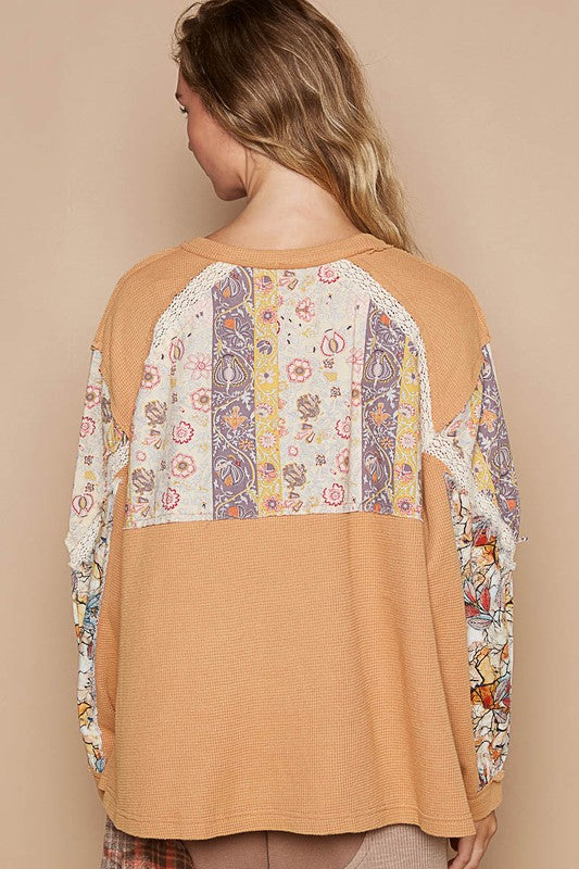 POL Waffle-Knit Lace Detail Round Neck Top