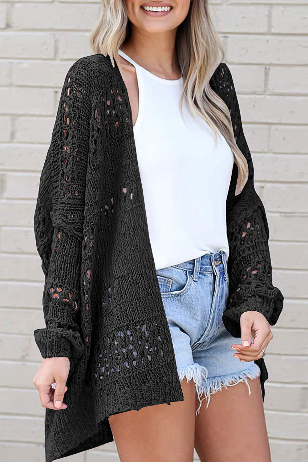 Openwork Open Front Long Sleeve Cardigan in 6 colors