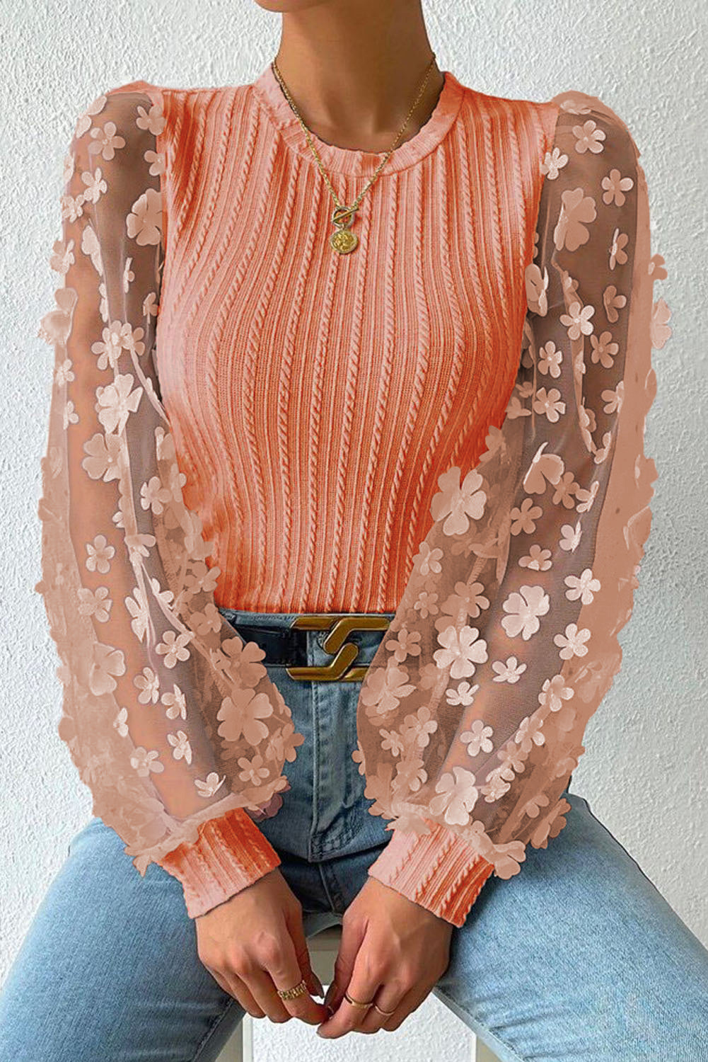 A Touch of Floral Textured Applique Long Sleeve Blouse