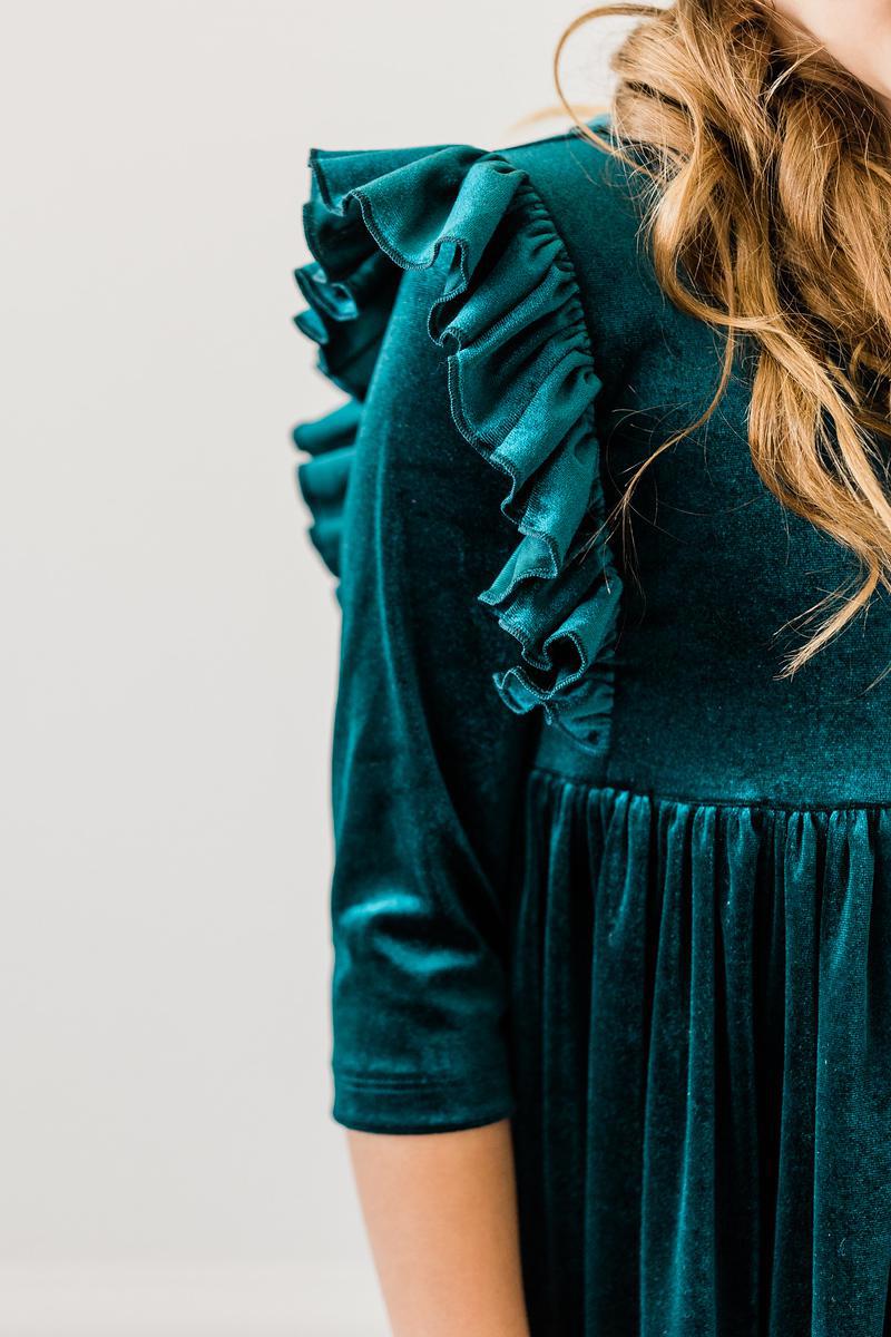 Teal Velvet Ruffle Twirl Dress