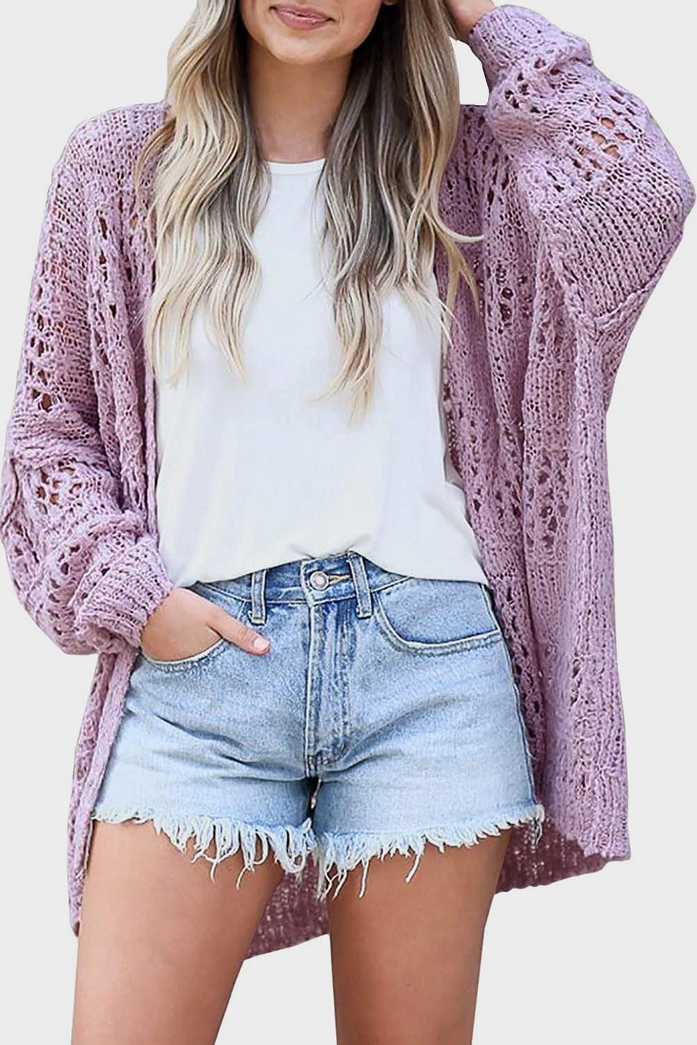 Openwork Open Front Long Sleeve Cardigan in 6 colors