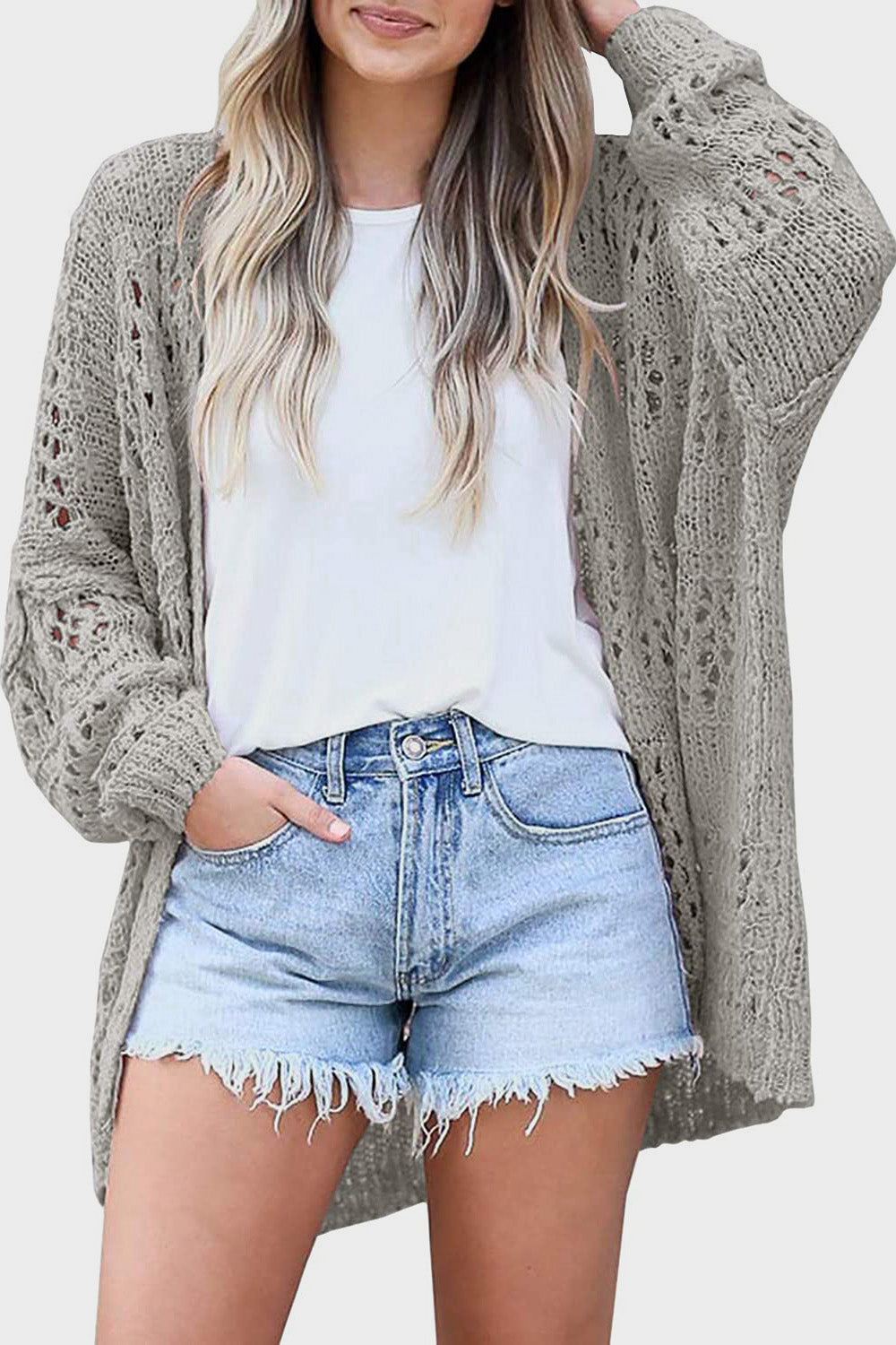 Openwork Open Front Long Sleeve Cardigan in 6 colors