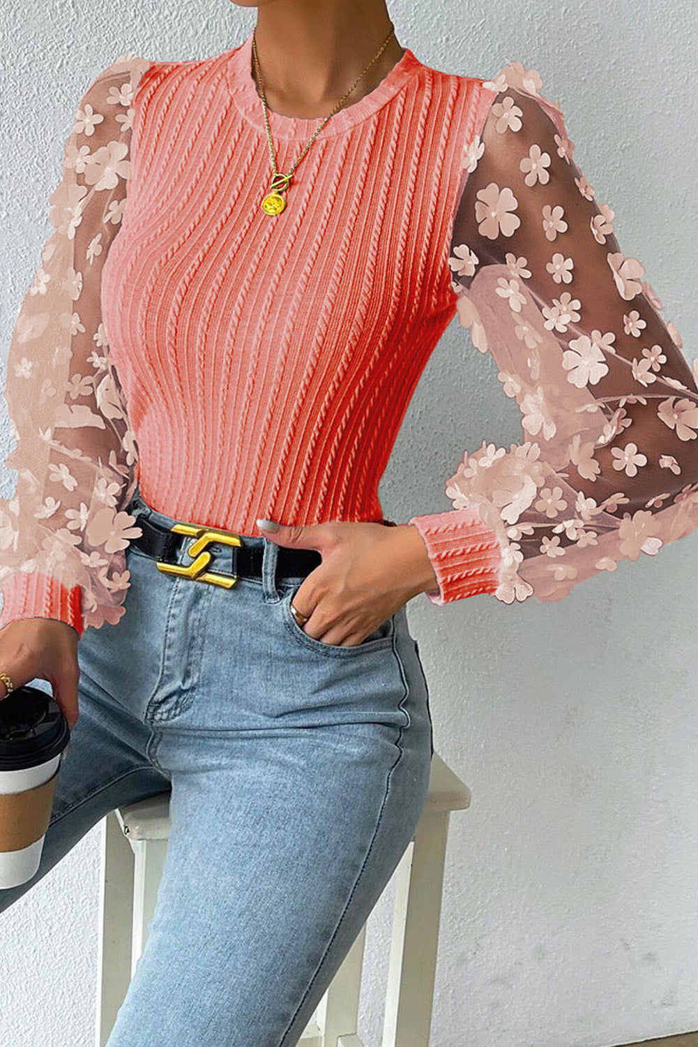 A Touch of Floral Textured Applique Long Sleeve Blouse