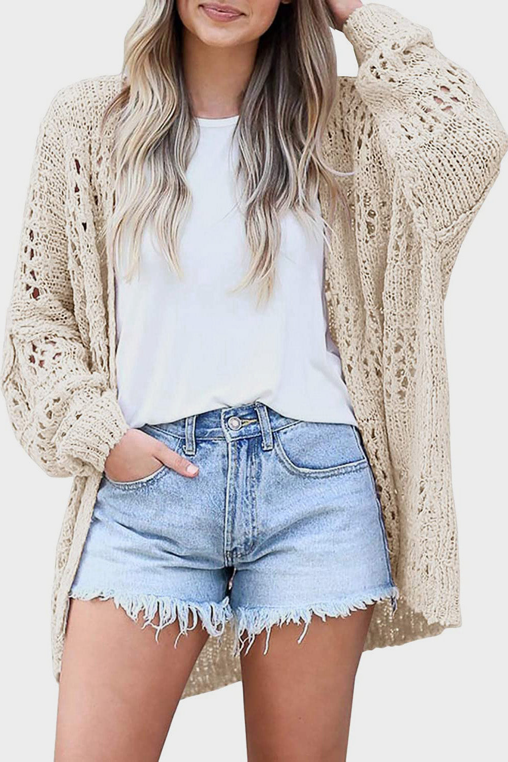 Openwork Open Front Long Sleeve Cardigan in 6 colors