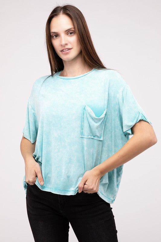 Washed Ribbed Cuffed Short Sleeve Round Neck Top