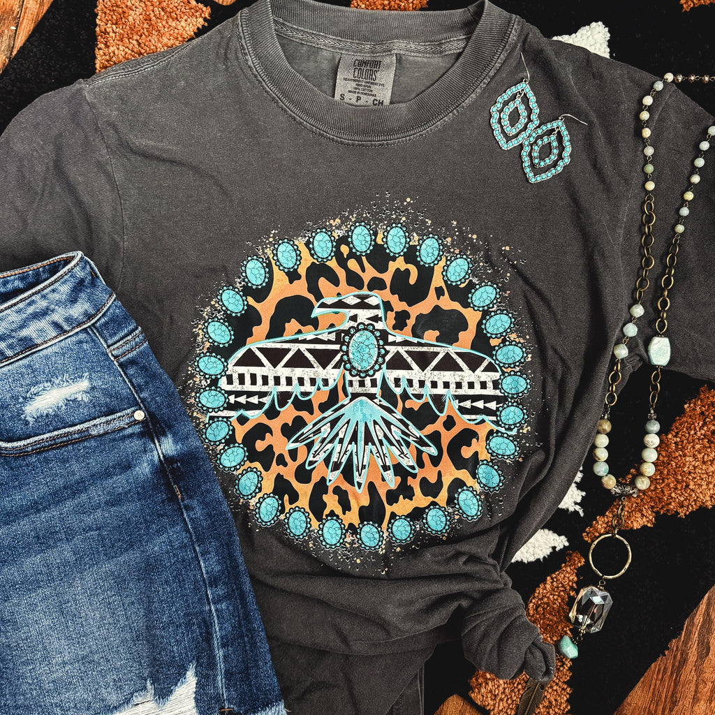 FestiviTees Women - Apparel - Shirts - T-Shirts Turquoise Thunderbird Aztec Leopard Soft Graphic Tee