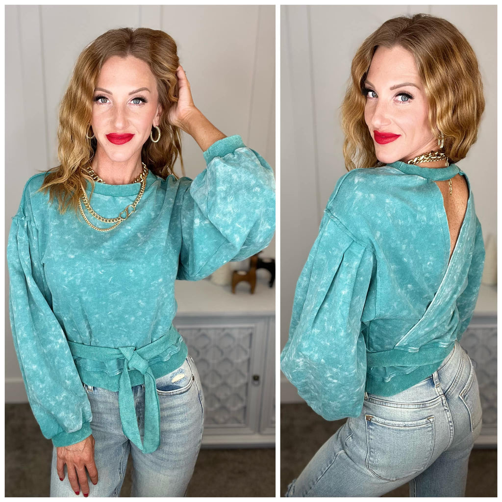Tied Up In Cuteness Mineral Wash Sweater in Teal