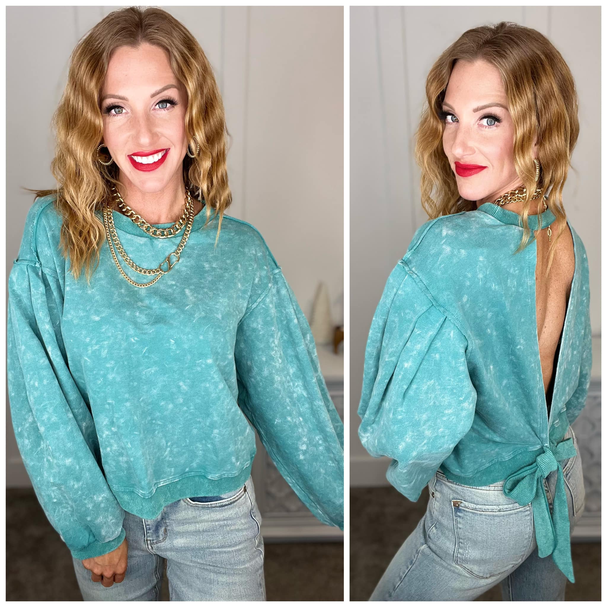 Tied Up In Cuteness Mineral Wash Sweater in Teal