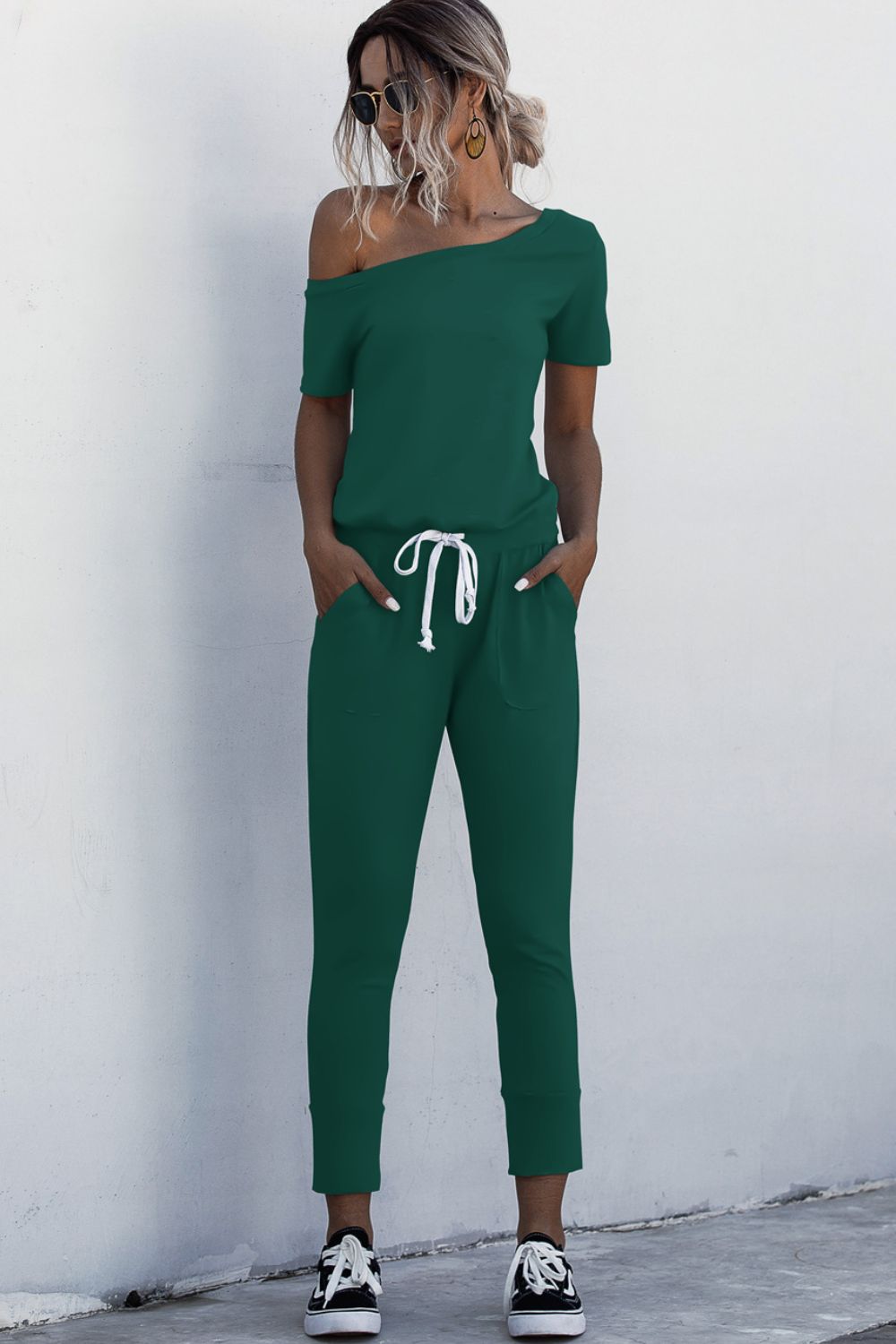 Asymmetrical Neck Tied Capri Jumpsuit with Pockets