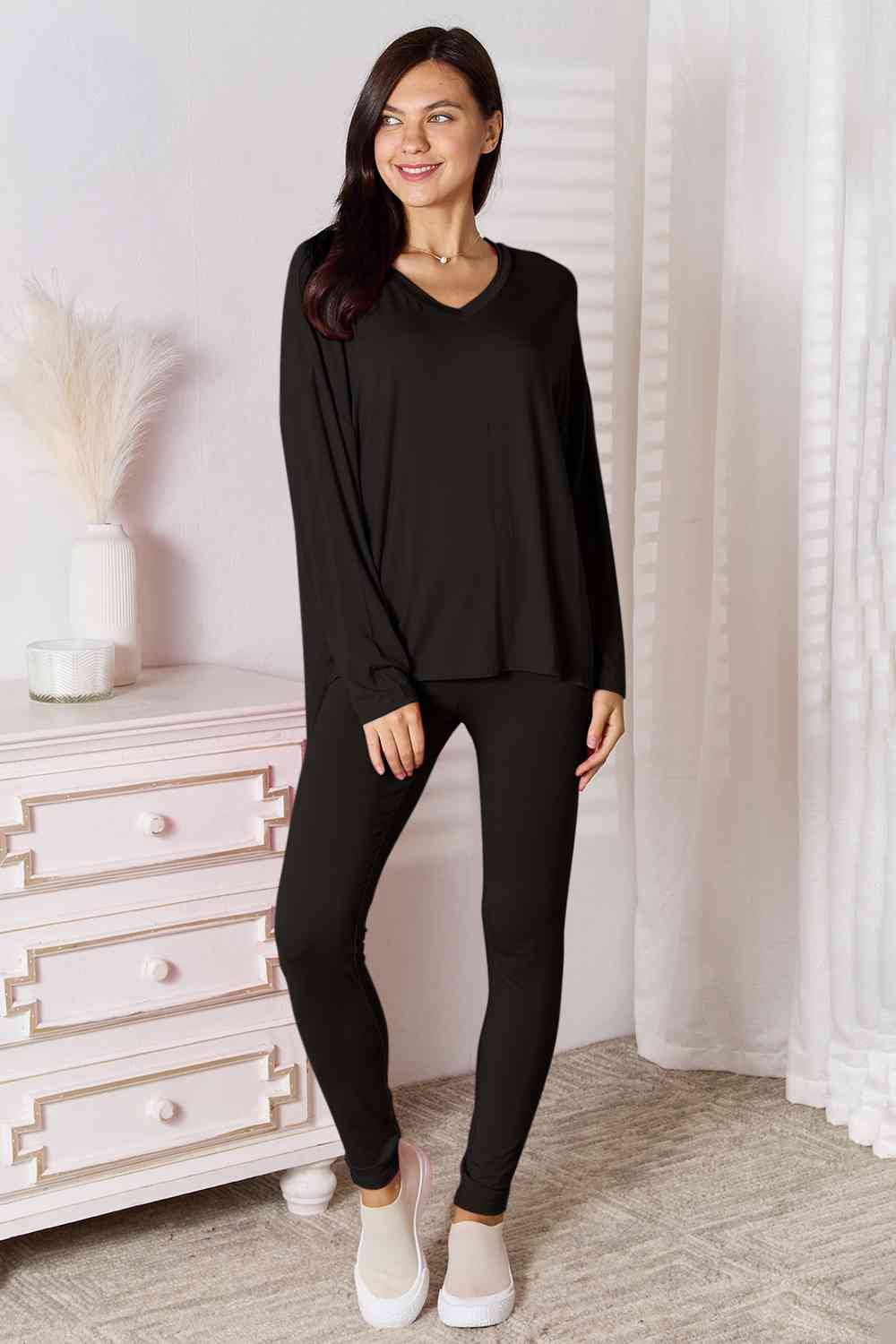 Black Friday V-Neck Soft Rayon Long Sleeve Top and Pants Lounge Set