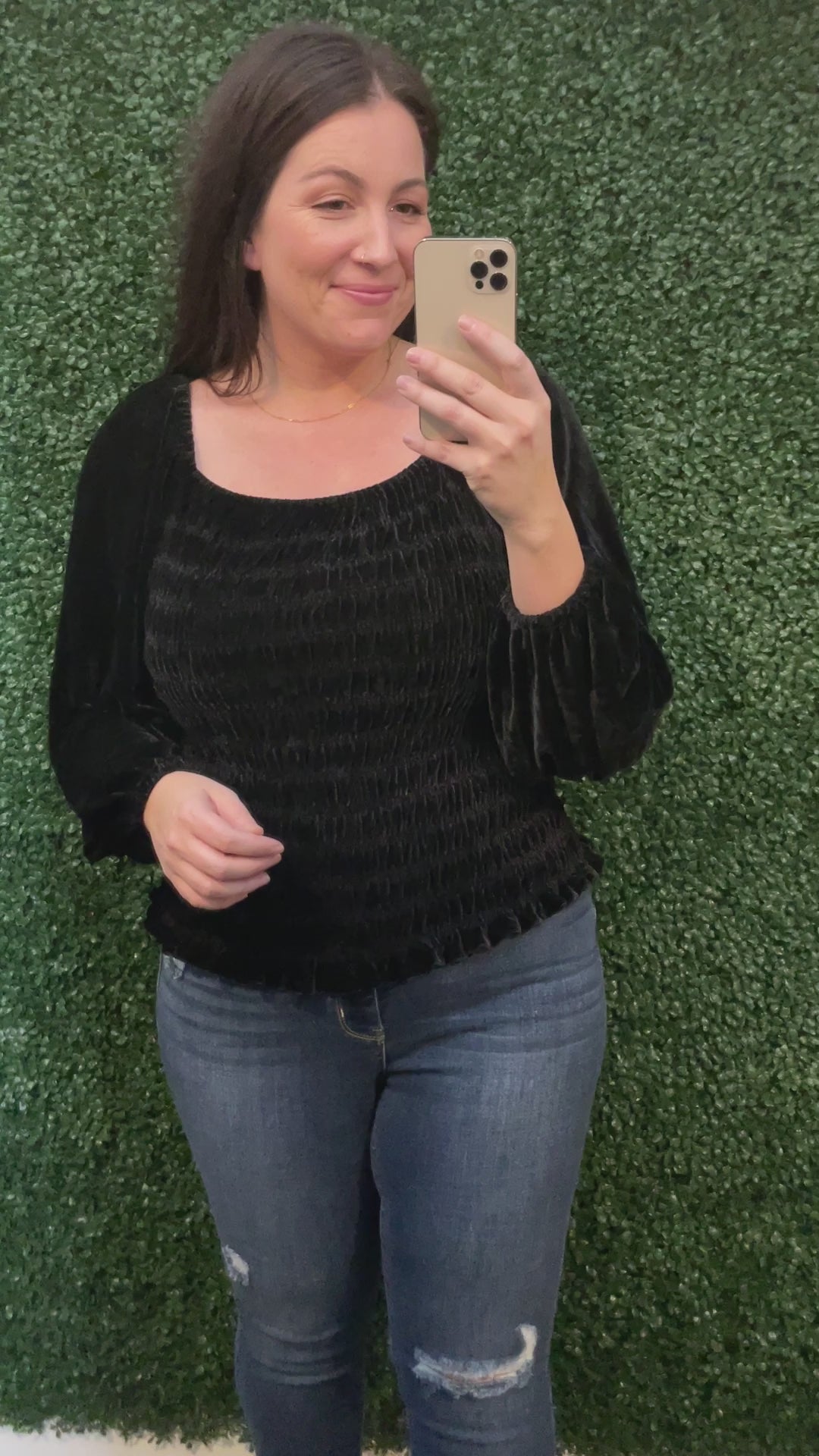 Believe In Miracles Smocked Velvet Top In Black