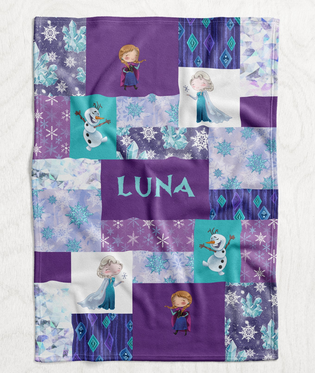 Personalized Frozen Inspired Blanket - Queen Elsa & Princess Anna Faux Quilt Style Plush Minky Blanket