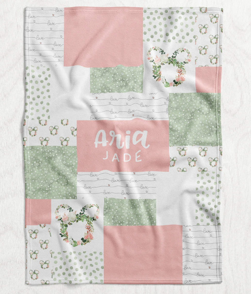 Personalized Girl's Boho Minnie Blanket - Boho Floral Minnie Mouse Inspired Faux Quilt Style Plush Minky Blanket
