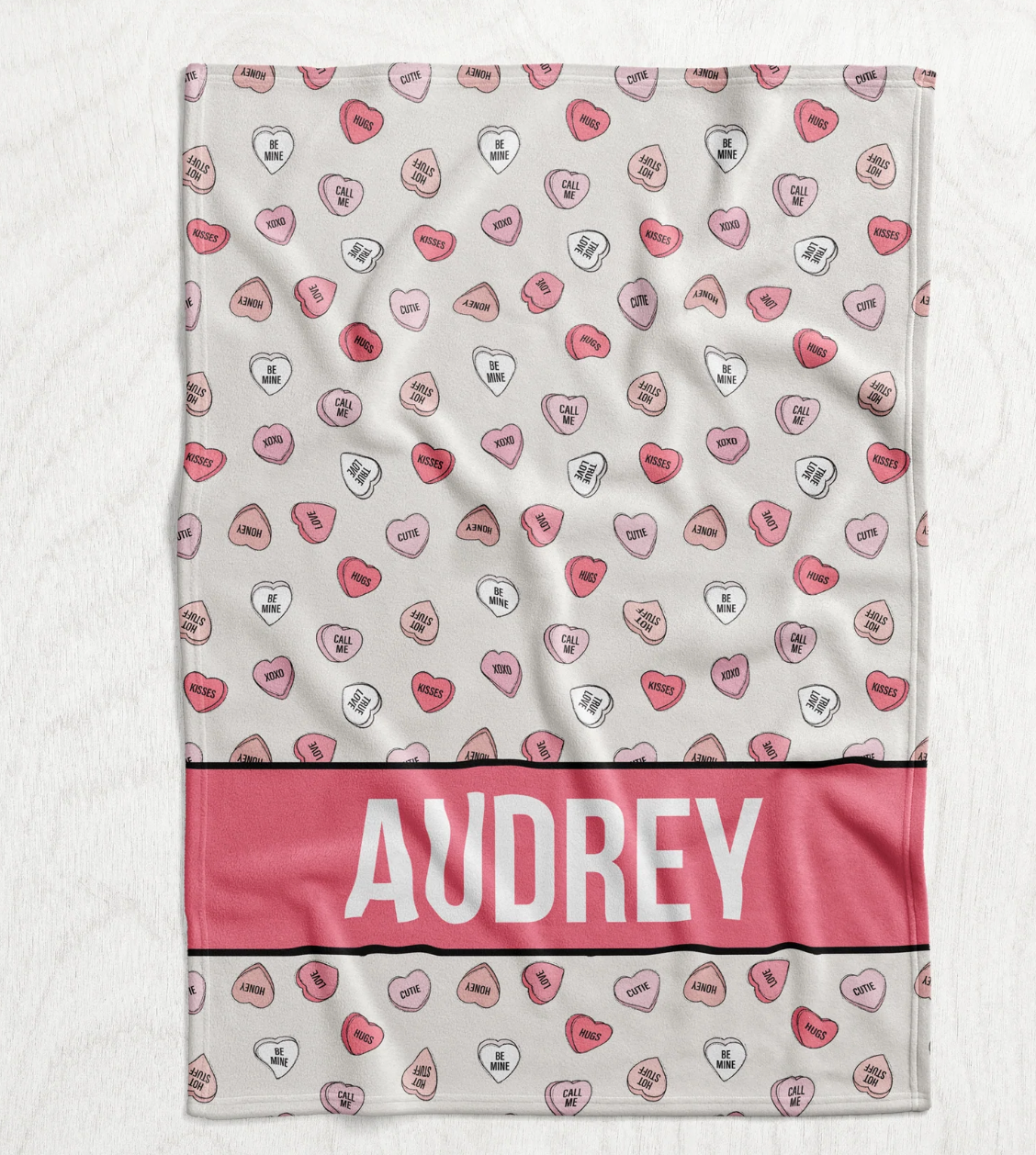 Personalized Conversation Hearts Blanket - Repeating Pattern Name Block Style Plush Minky Blanket