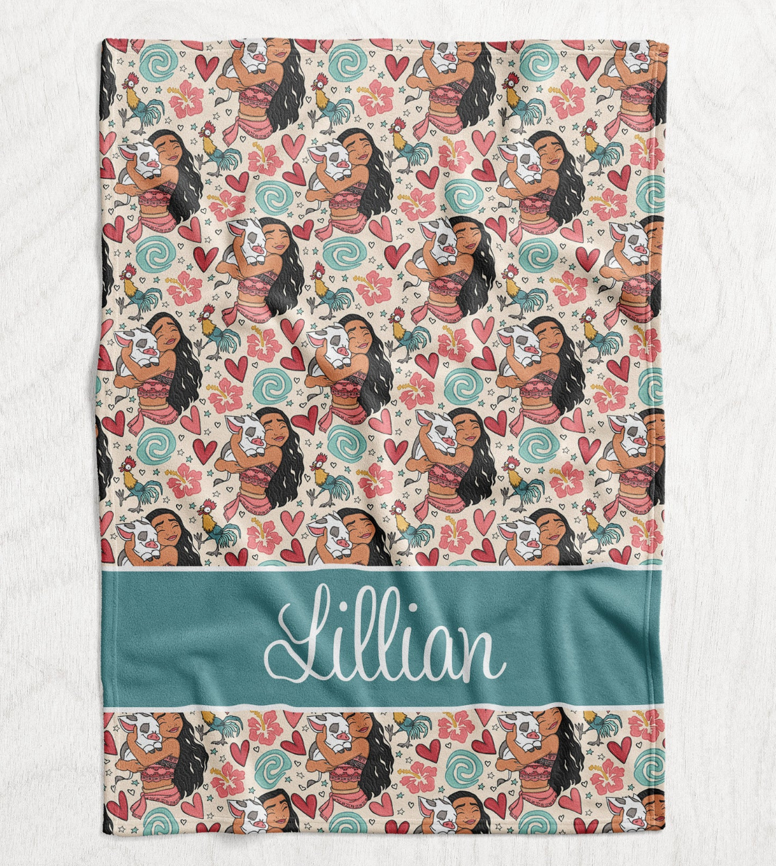 Personalized Moana with Love Blanket - Repeating Pattern Name Block Style Plush Minky Blanket