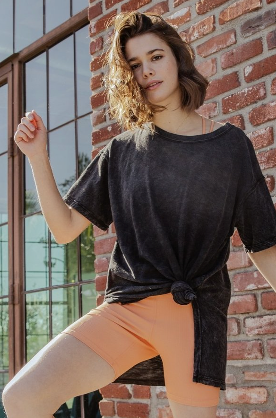 Mineral Washed Short Sleeve Top with Side Slit