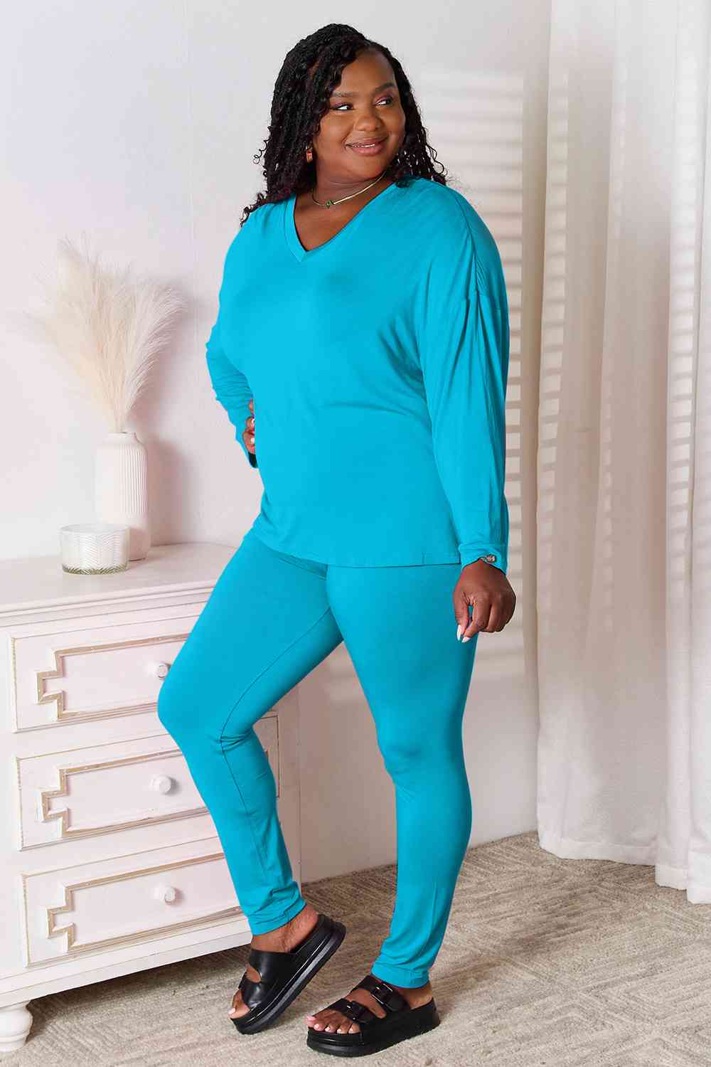 Black Friday V-Neck Soft Rayon Long Sleeve Top and Pants Lounge Set