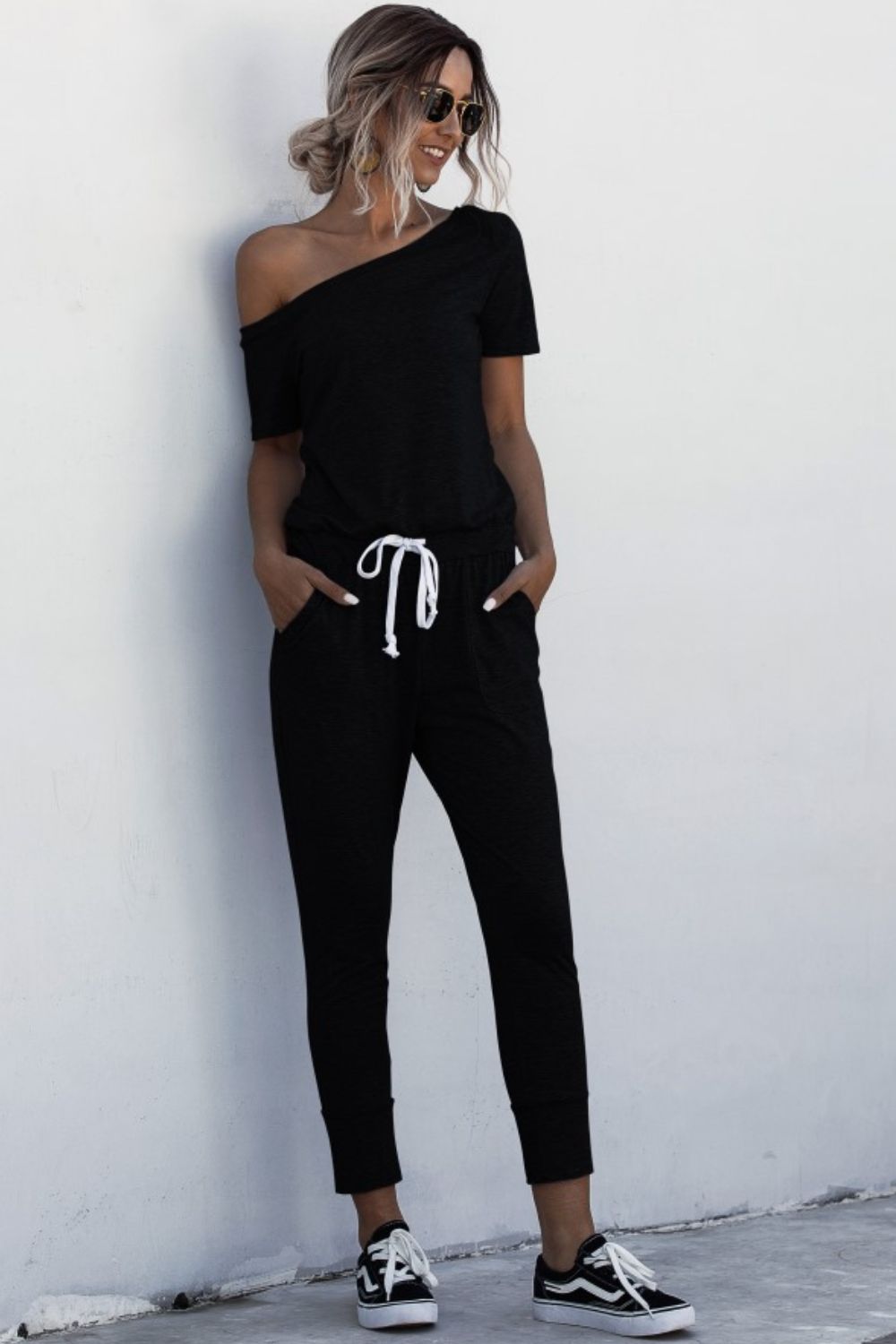Asymmetrical Neck Tied Capri Jumpsuit with Pockets