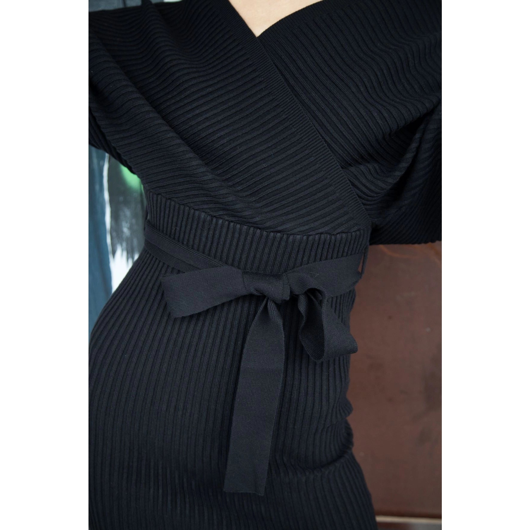 Black Wrap Knit Drop Shoulder Dress