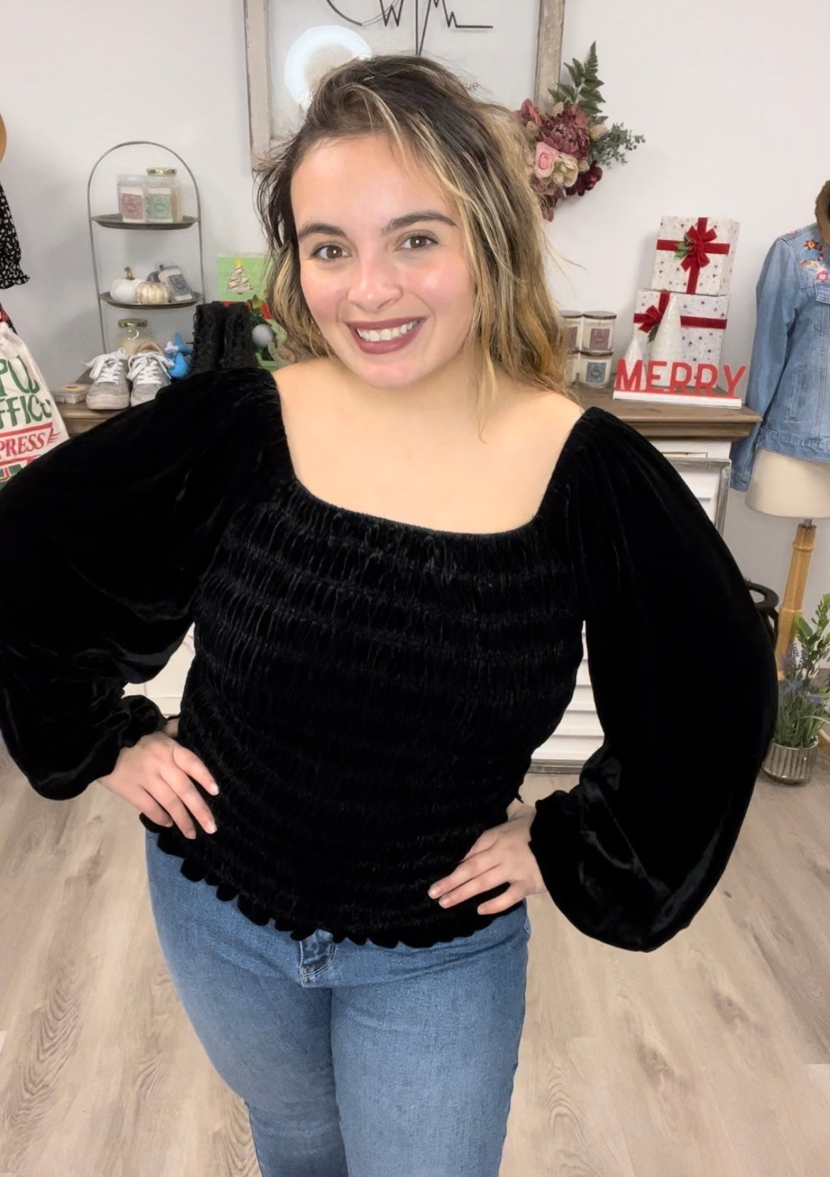 Believe In Miracles Smocked Velvet Top In Black