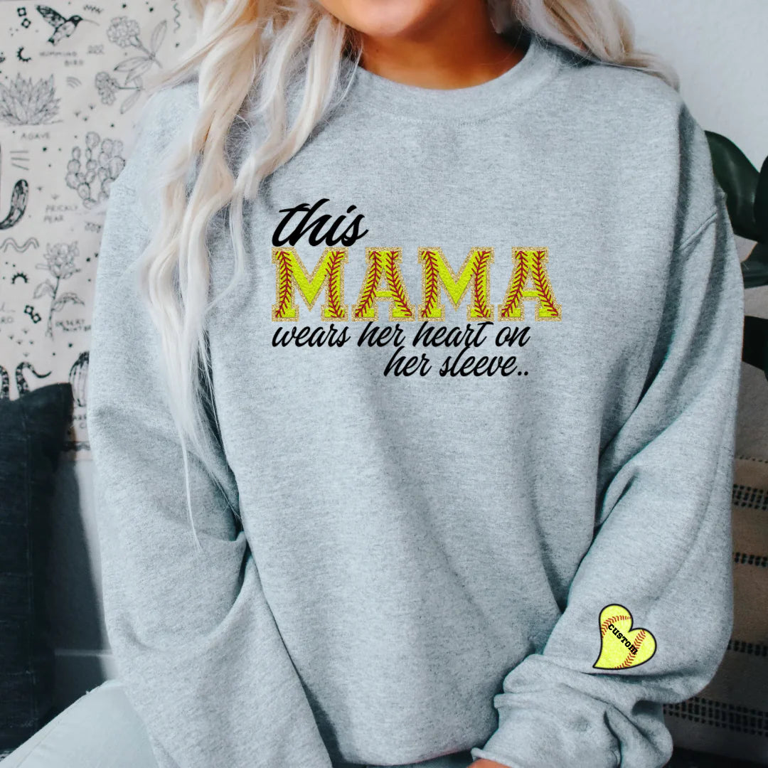 This Softball Mama Wears Her Heart on Her Sleeve Made to Order Personalized Graphic