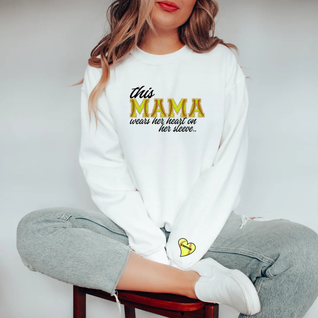 This Softball Mama Wears Her Heart on Her Sleeve Made to Order Personalized Graphic