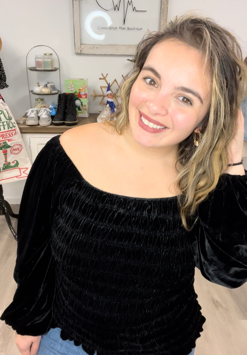 Believe In Miracles Smocked Velvet Top In Black