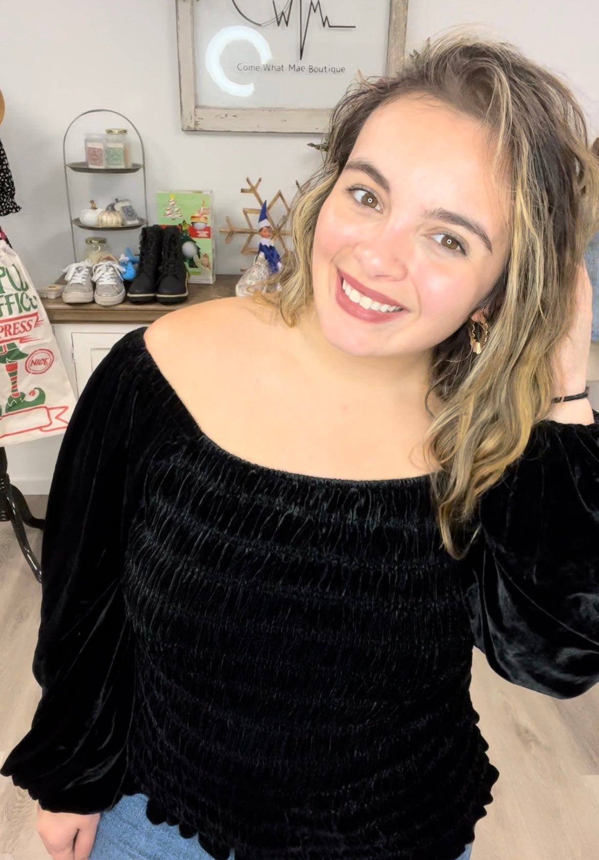 Believe In Miracles Smocked Velvet Top In Black