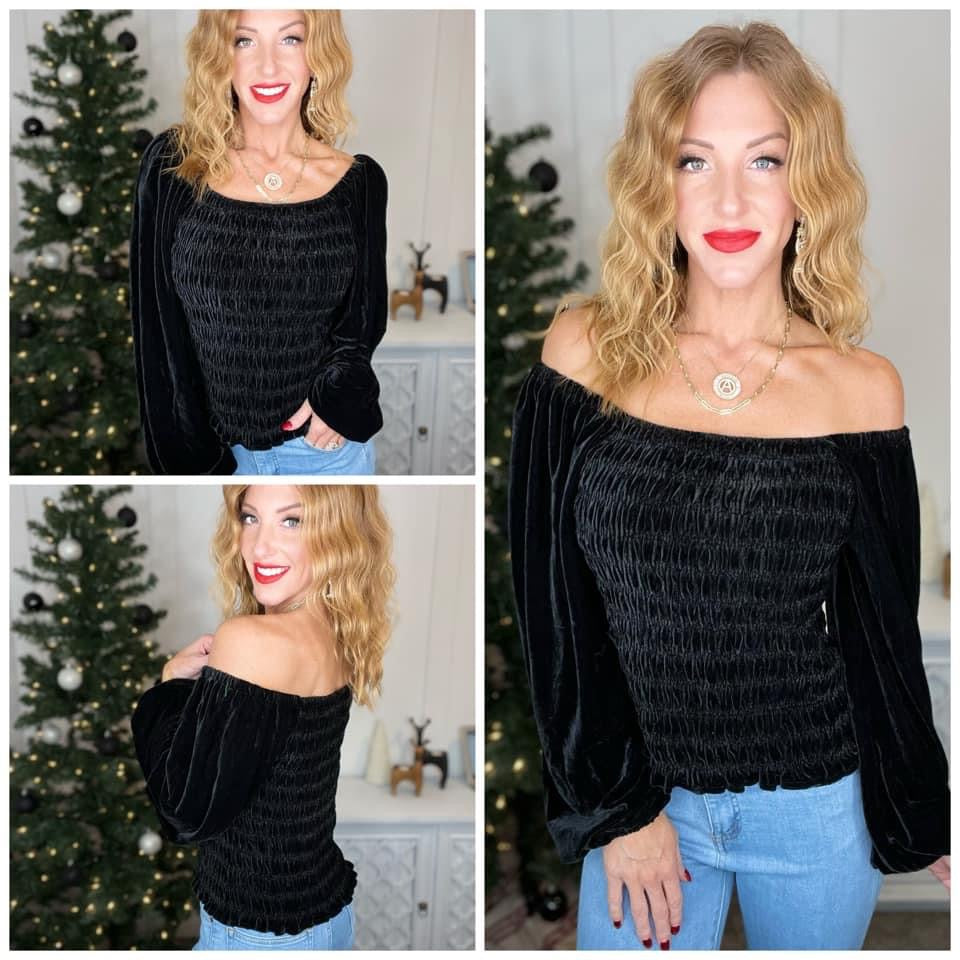 Believe In Miracles Smocked Velvet Top In Black