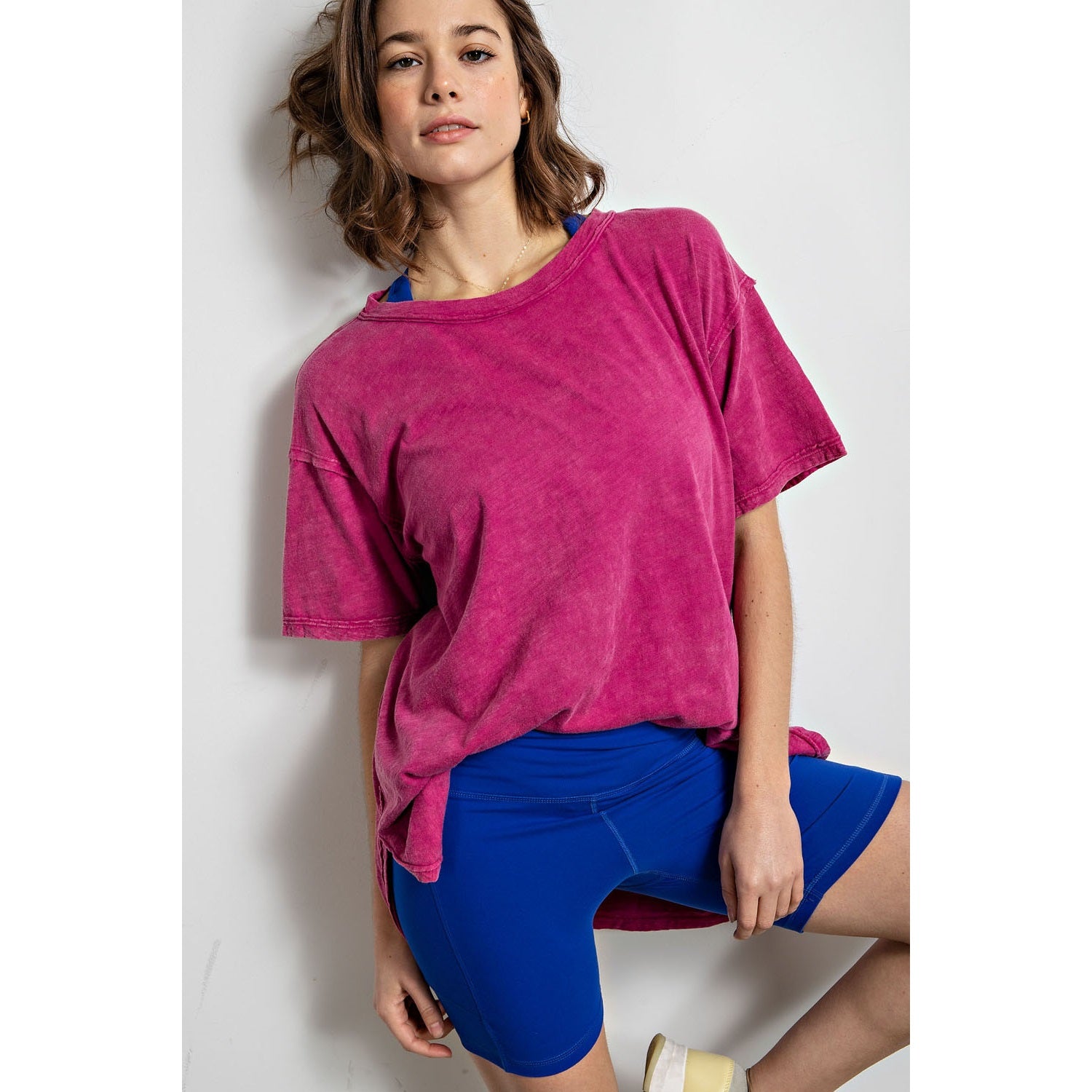 Mineral Washed Short Sleeve Top with Side Slit